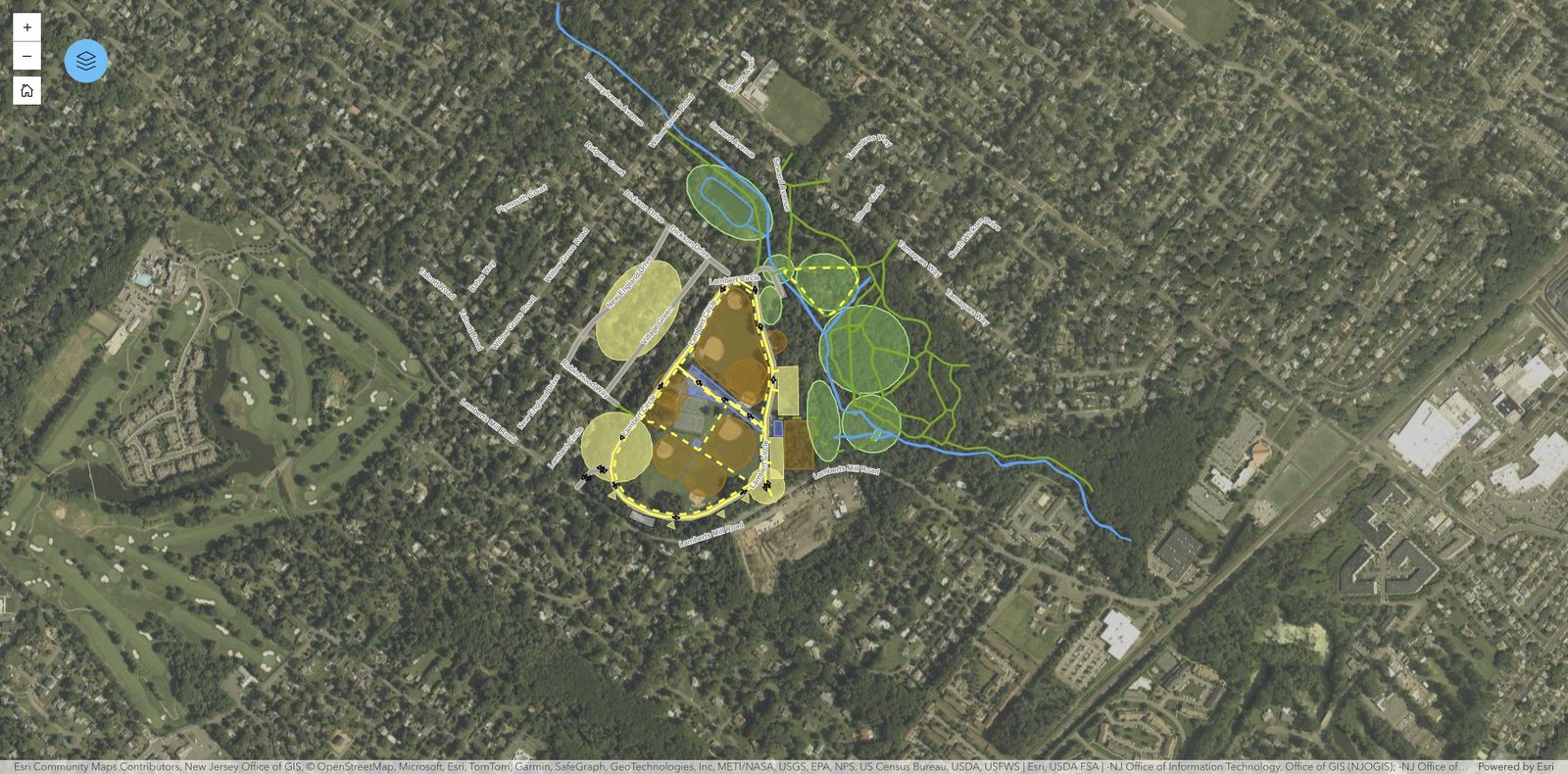 Official Tamaques Park concept map showing proposed improvements around the athletic fields, loop road, pond and wooded trails