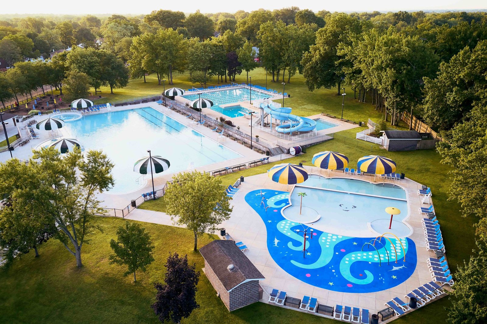 Aerial view of Westfield Memorial Pool's swimming pools, water slides and splash pad